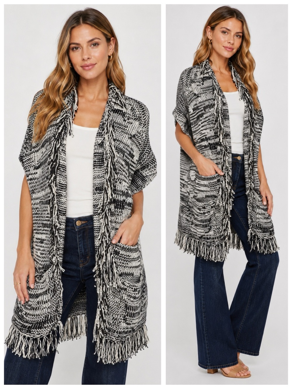 PURE Handknit Open Front B&W Boho Fringe Cardigan Vest, sz. S/M